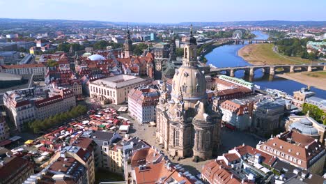 Wonderful-aerial-top-view-flight-Dresden-city-Women-church-Frauenkirche-City-town-Germany,-summer-sunny-blue-sky-day-23