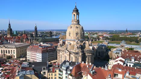 Gorgeous-aerial-top-view-flight-Dresden-city-Women-church-Frauenkirche-City-town-Germany,-summer-sunny-blue-sky-day-23