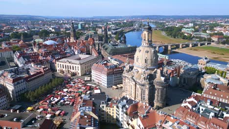 Fantastic-aerial-top-view-flight-Dresden-city-Women-church-Frauenkirche-City-town-Germany,-summer-sunny-blue-sky-day-23