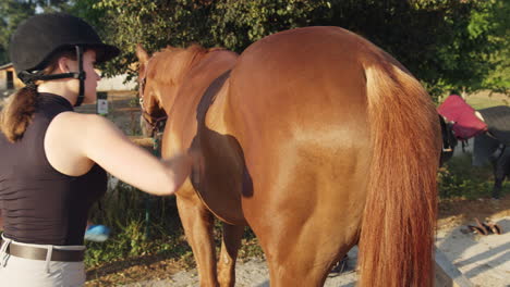 Mujer-Con-Casco-De-Equitación-Cepillando-Caballo-Antes-De-Montar,-Toma-Manual