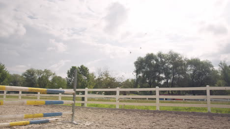 Equestrienne-exercising-hurdle-jump-in-an-outdoor-riding-arena,-handheld-shot