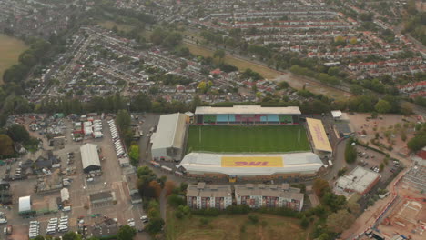 Circling-aerial-shot-of-Twickenham-stoop-stadium-London