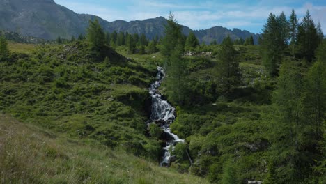 Idyllic-tilt-up-view-of-flowing-river-in-the-middle-of-grassy-meadows-with-coniferous-trees-and-mountainous-background