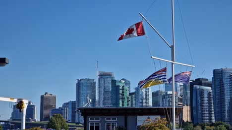 Canadian-flag-flying-in-Stanley-Park-during-the-daytime-with-highrise-buildings-in-the-background---Vancouver,-British-Columbia,-Canada