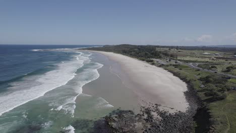 Scenic-View-Of-Sharpes-Beach-In-New-South-Wales,-Australia---aerial-shot