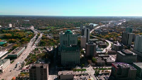 4K-Daytime-Summer-Orbit-Daytime-Landscape-Drone-Footage-of-The-Fort-Garry-Hotel-Historic-Landmark-in-Downtown-Urban-Canadian-City-Spinning-Restaurant-Tourist-Attraction-Winnipeg-Manitoba-Canada