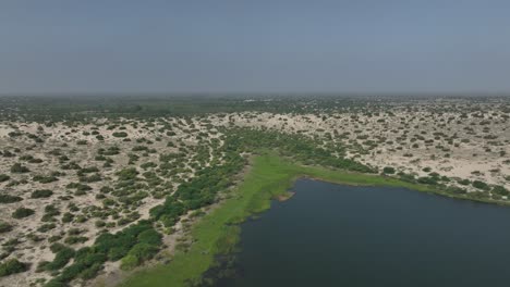 Aerial-view-of-Botar-lake-in-white-desert-of-Sindh,-Pakistan