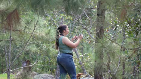 Young-influencer-photographer-woman-in-the-forest-with-a-camera-in-her-hands,-taking-pictures-outdoors