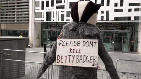 A-person-dressed-in-a-badger-suit-stands-waving-outside-the-UK-Home-Office-while-wearing-placards-around-their-neck-that-reads,-“I-am-innocent”-and,-“Please-don’t-kill-Betty-Badger”