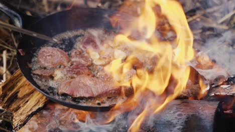 Cooking-Meat-on-campfire.-Slow-motion-footage