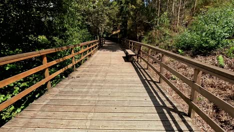 path-that-runs-on-a-raised-wooden-platform-on-the-ground-to-facilitate-access-for-people-who-walk,-sunny-summer-day,-shot-traveling-forward,-Ordes,-Galicia,-Spain