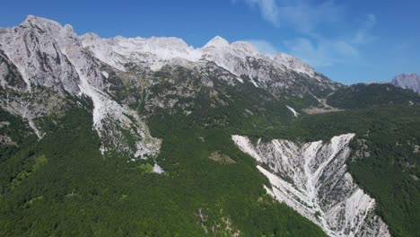 Cliff-Carved-Alps:-Majestic-Mountain-Slopes,-Towering-Rocky-Peaks,-and-the-Verdant-Valbona-Valley-in-Albania