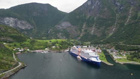 Cruise-Ship-in-Flam,-Norway---Sailing-through-the-Sognefjord-and-Aurlandsfjord---Aerial