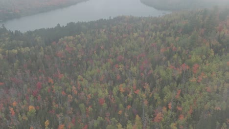 Aerial-View-of-Misty-Autumn-Forest-and-Caribou-Lake-in-Northern-Minnesota