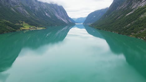 Sunnfjord-and-Turquoise-Blue-Jolstravatn-Lake-in-Vestland,-Norway---Aerial-Tilting-Up