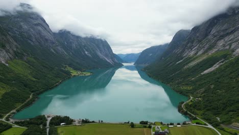 Jolstravatn-Lake-in-Sunnfjord,-Vestland,-Norway---Aerial-Circling