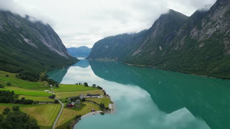 Norway-Scenic-Fjord-and-Turquoise-Blue-Jolstravatn-Lake-in-Sygnesand,-Sunnfjord,-Vestland---Aerial-Circling