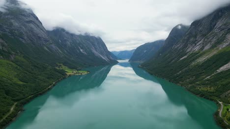 Turquoise-Blue-Jolstravatn-Lake-in-Sunnfjord,-Vestland,-Norway---Aerial
