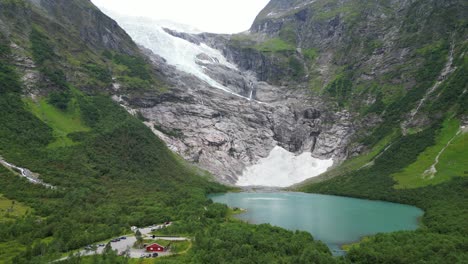 Jostedalsbreen-Glacier-Norway---Boyabreen-Viewpoint-and-Turquoise-Blue-Glacial-Lake---Aerial-Circling