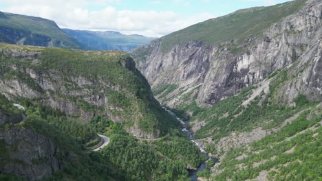 Eidfjord-and-Bjoreio-River-near-Voringfossen-Waterfall-in-Vestland,-Norway---Aerial