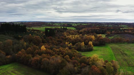 Cinematic-aerial-shot-of-France-landscape,-trees,-roads-and-villages