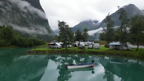 Camping-at-the-water-at-Oldevatnet-Lake-in-Loen,-Vestland,-Norway---Aerial