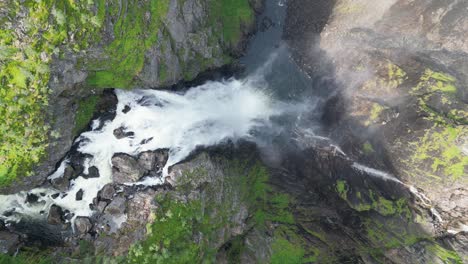 Voringfossen-Waterfall-in-Norway---Scenic-Nature-Landscape-in-Eidfjord,-Vestland---Aerial-High-Angle-Zoom-In