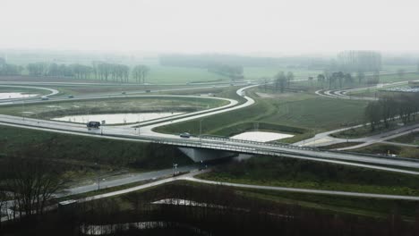 Aerial-drone-shot-of-a-Dutch-highway-intersection