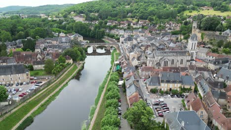 Montignac-Lascaux-town-France-panning-drone-,-aerial-,-view-from-air