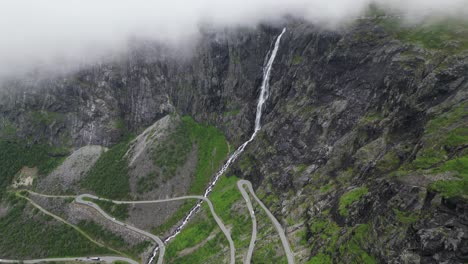 Waterfall-at-Trollstigen-Mountain-Pass-in-Norway---Aerial