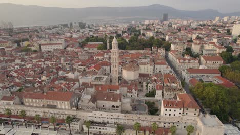 Aerial:-Saint-Domnius-Cathedral-in-Split-with-historic-cityscape-backdrop