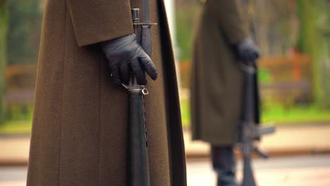 Close-up-of-guards-hand-holding-a-black-rifle-during-official-ceremony