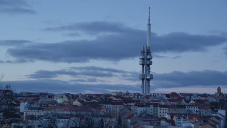 Timelapse-of-the-Žižkov-Television-Tower-in-prague-during-sunrise-with-cloudy-sky