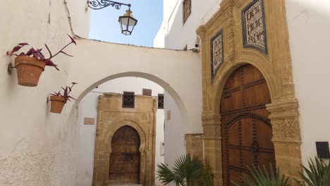 Rabats-Medina:-Bezaubernde-Gasse-Mit-Verzierten-Türen-Und-Farbenfrohen-Topfpflanzen