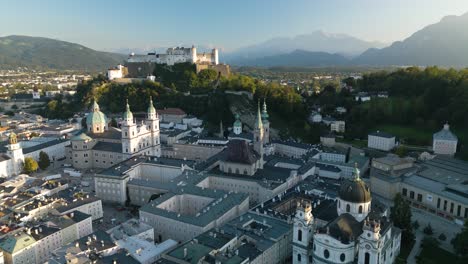 Drone-Flying-Above-Salzburg-Old-Town-on-Beautiful-Day-in-Austria