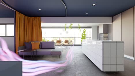 Representación-3D-De-Un-Apartamento-Interior-Moderno-Con-Visualización-Animada-Del-Flujo-De-Luz