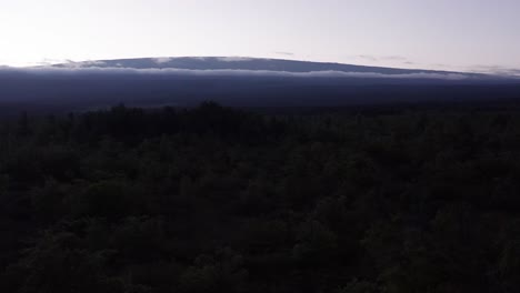 Rising-aerial-dolly-shot-flying-over-treetops-towards-the-volcano-Mauna-Loa-silhouetted-at-sunset-on-the-island-of-Hawai'i