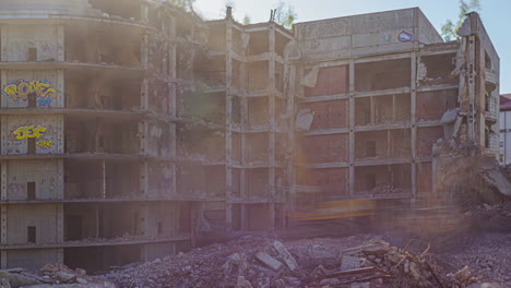 Timelapse-of-a-old-building-being-demolished-by-heavy-machinery-and-excavator