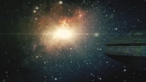Durchgang-Eines-Weltraummutterschiffs-Im-Weltraum-Mit-Der-Galaxie-Im-Hintergrund