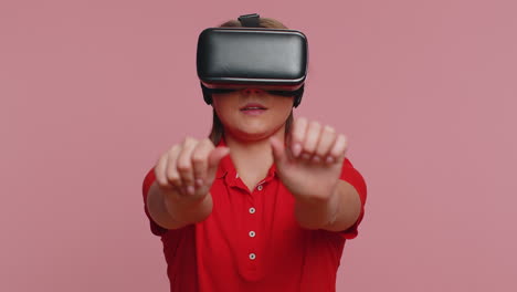 Young-woman-using-virtual-reality-headset-helmet-to-play-simulation-game-app,-watching-video-content