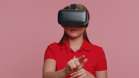 Young-woman-using-virtual-reality-headset-helmet-to-play-simulation-game-app,-watching-video-content