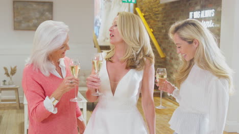 Drei-Generationen-Einer-Weiblichen-Familie-Trinken-Champagner,-Eine-Erwachsene-Tochter-Probiert-Ein-Hochzeitskleid-Im-Brautmodengeschäft-An