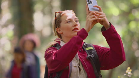Woman-Taking-Photo-On-Mobile-Phone-As-Group-Of-Female-Friends-On-Holiday-Hike-Through-Woods-Together