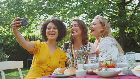 Frauen-Posieren-Für-Ein-Selfie-Auf-Dem-Handy,-Sitzen-Draußen-Im-Garten-Zu-Hause-Und-Essen-Gemeinsam