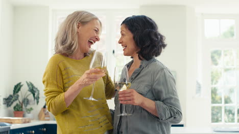 Liebevolles-Gleichgeschlechtliches-Reifes-Weibliches-Paar,-Das-Zu-Hause-Gemeinsam-Mit-Einem-Glas-Wein-Feiert
