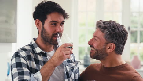 Gleichgeschlechtliches-Männliches-Paar-Zu-Hause-In-Der-Küche,-Das-Toast-Mit-Einem-Glas-Wein-Macht