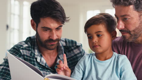 Close-Up-Of-Same-Sex-Family-With-Two-Dads-And-Son-Reading-Book-In-Kitchen-At-Home-Together