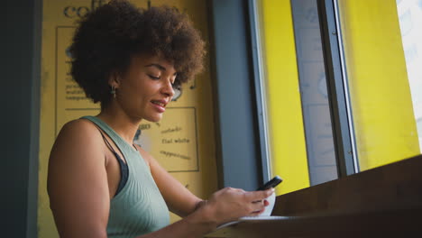 Female-Customer-In-Coffee-Shop-Window-Messaging-Using-Mobile-Phone