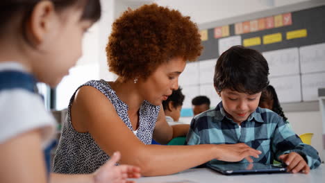 Lehrerin-Mit-Multikulturellen-Grundschülern,-Die-In-Der-Schule-Digitale-Tablets-Nutzen