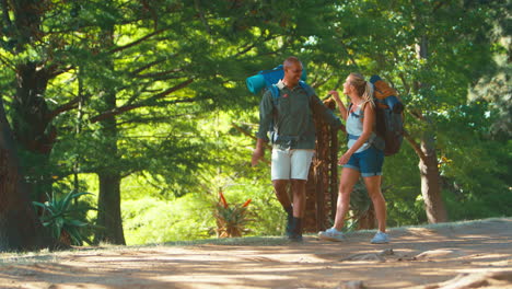 Couple-With-Backpacks-Giving-Each-Other-High-Five-On-Vacation-Hiking-Through-Countryside-Together